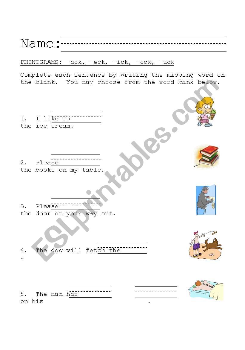 phonograms -ack, -eck, -ick, -ock, -uck