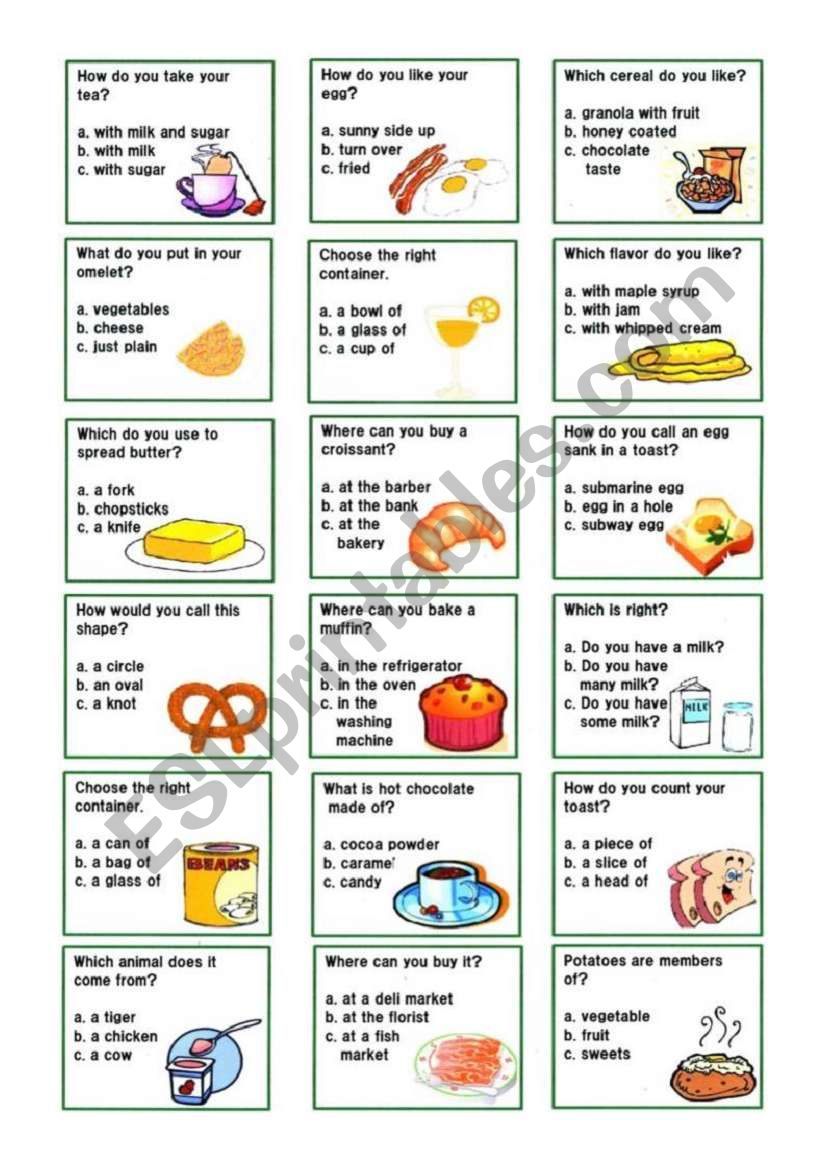 breakfast flash cards worksheet