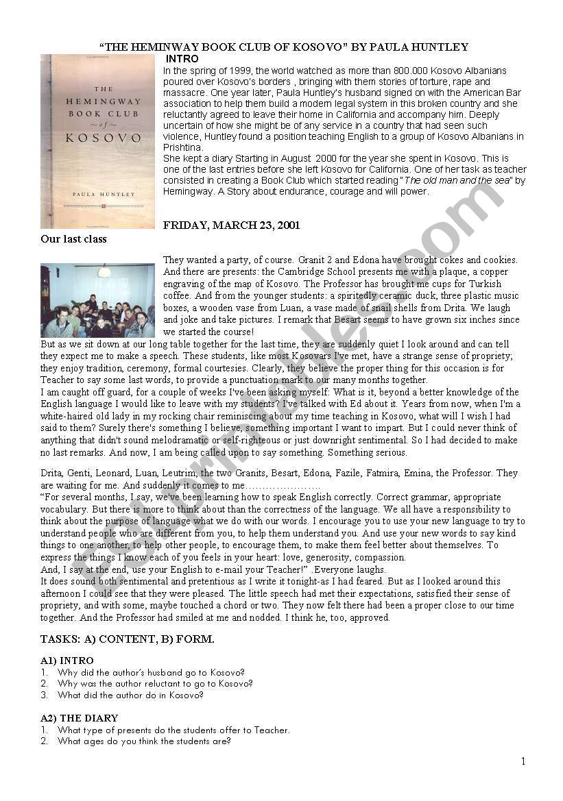 “THE HEMINWAY BOOK CLUB OF KOSOVO” BY PAULA HUNTLEY
