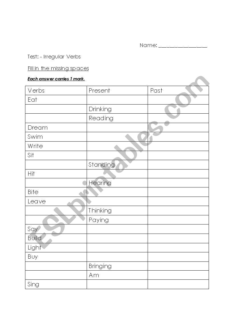 Past tense - irregular verbs worksheet