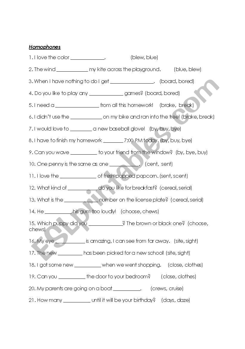 Homophones worksheet