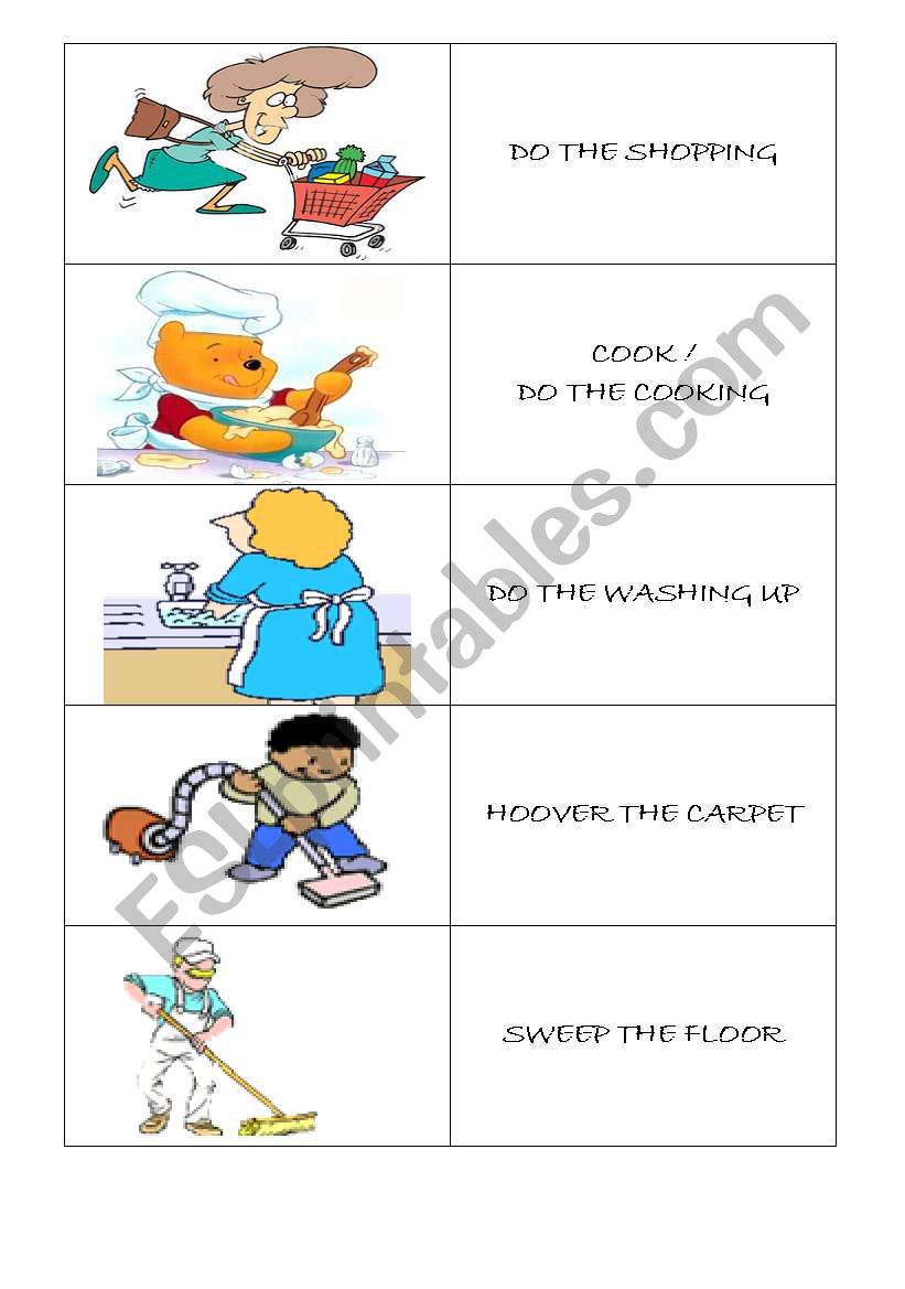 HOUSEHOLD CHORES FLASH CARDS worksheet