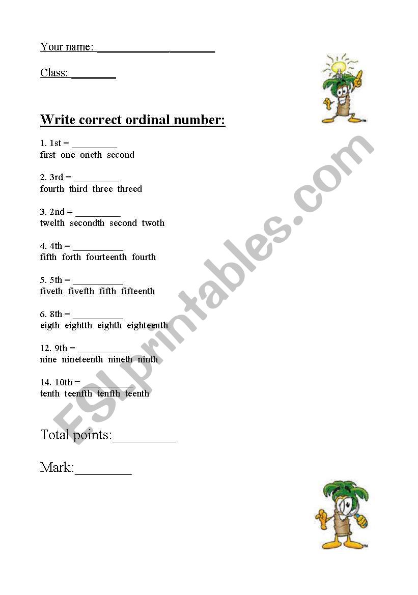 Ordinal numbers worksheet