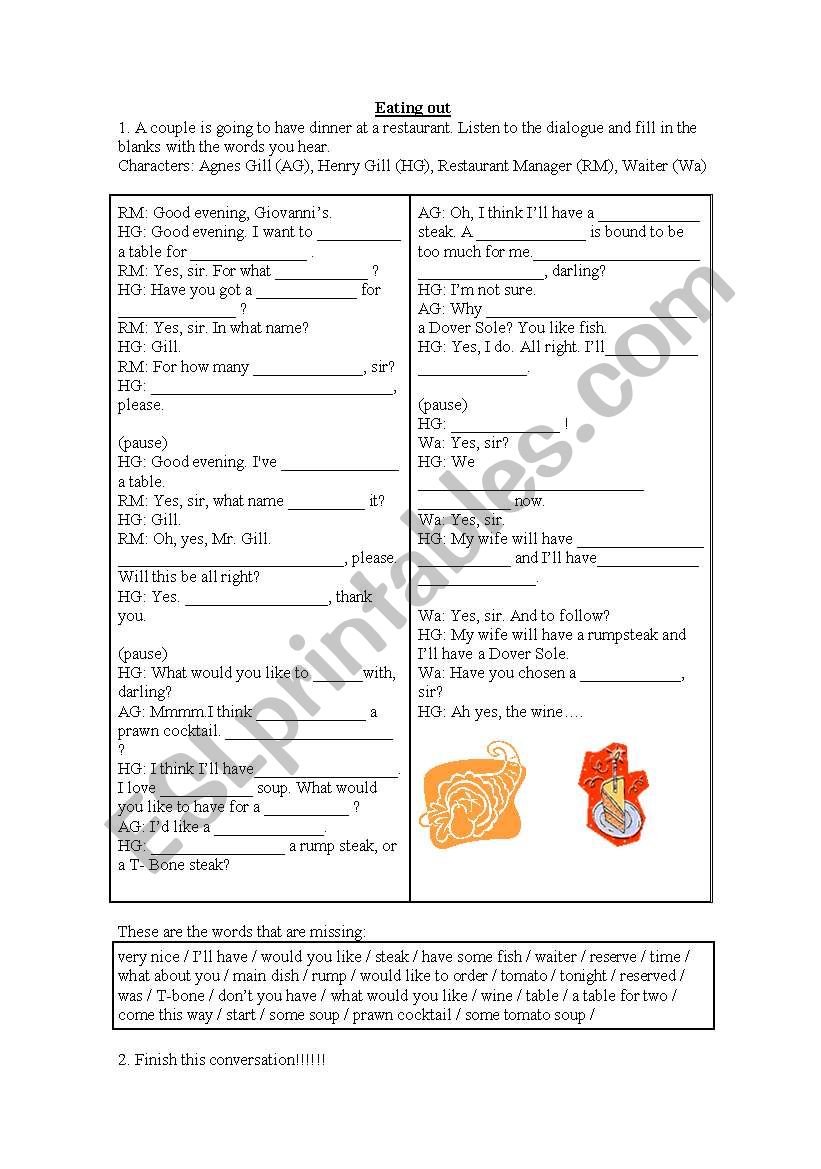 at the restaurant  worksheet