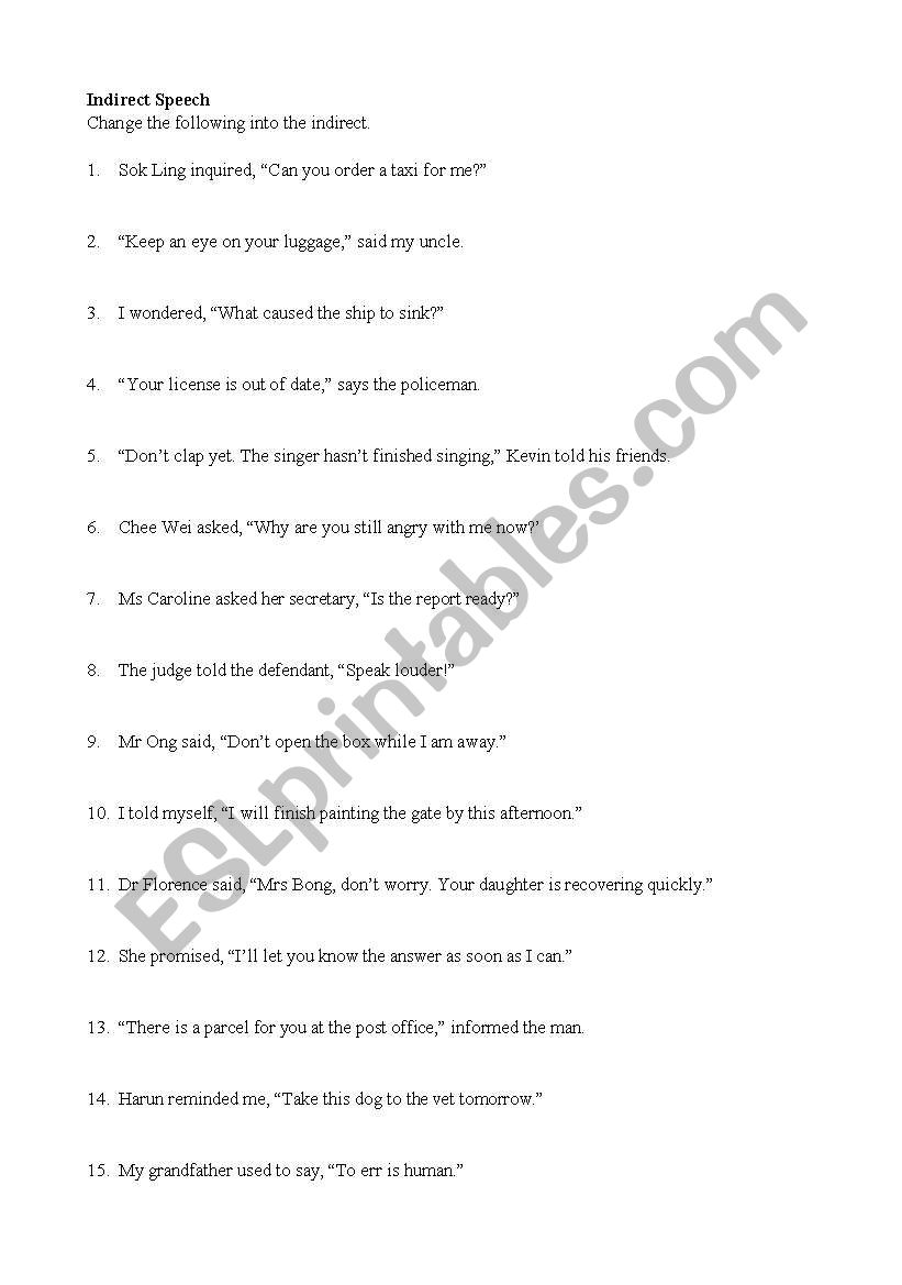 indirect speech worksheet