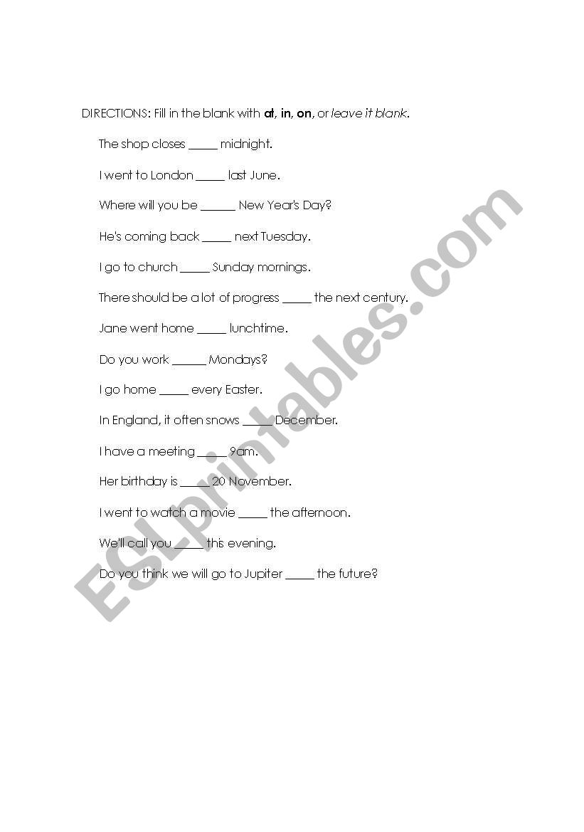 When to use in, at or on worksheet