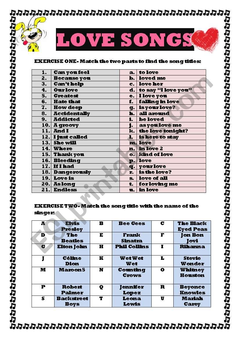LOVE SONGS. matching game (4 pages with cCUT OUT version answer key
