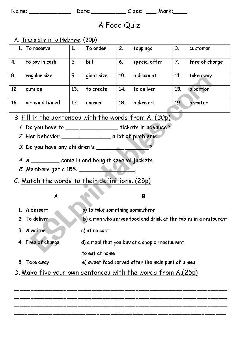 Food Quiz worksheet