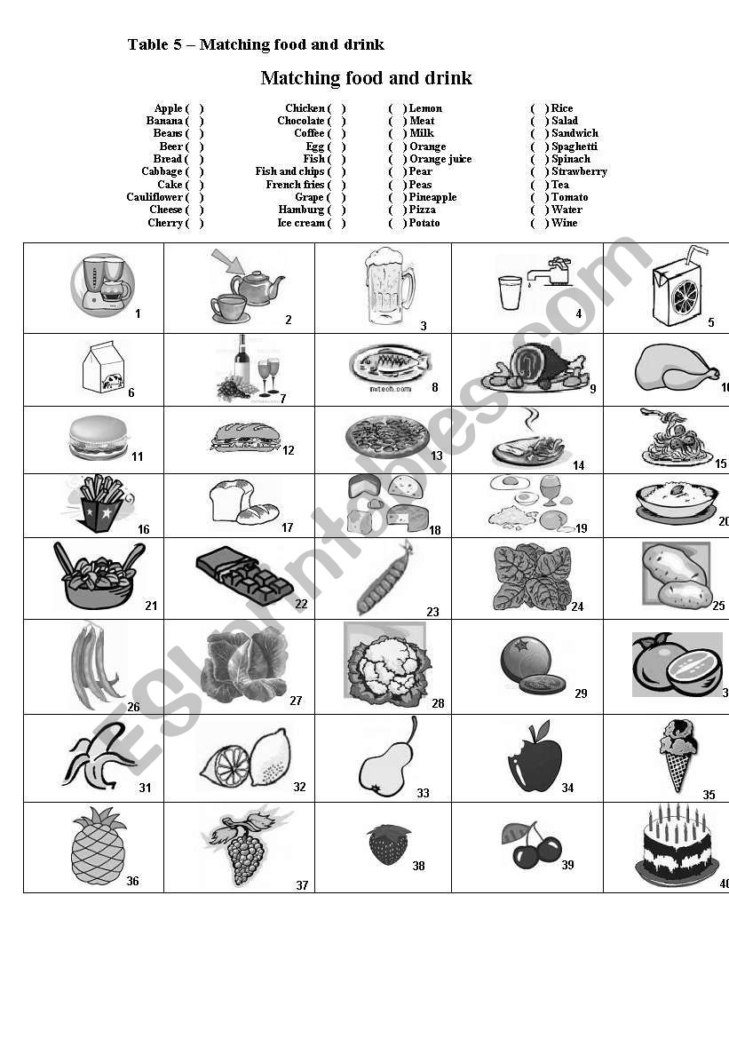 Food matching worksheet