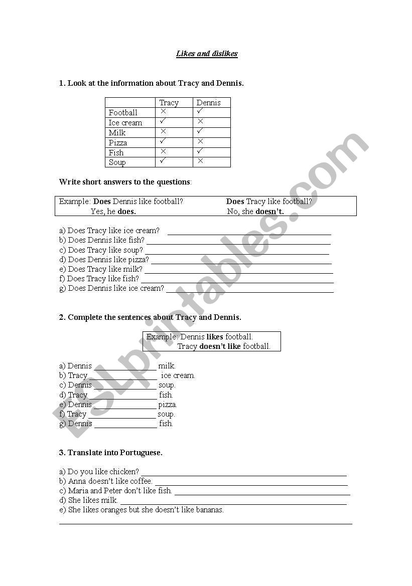 LIKES AND DISLIKES  worksheet