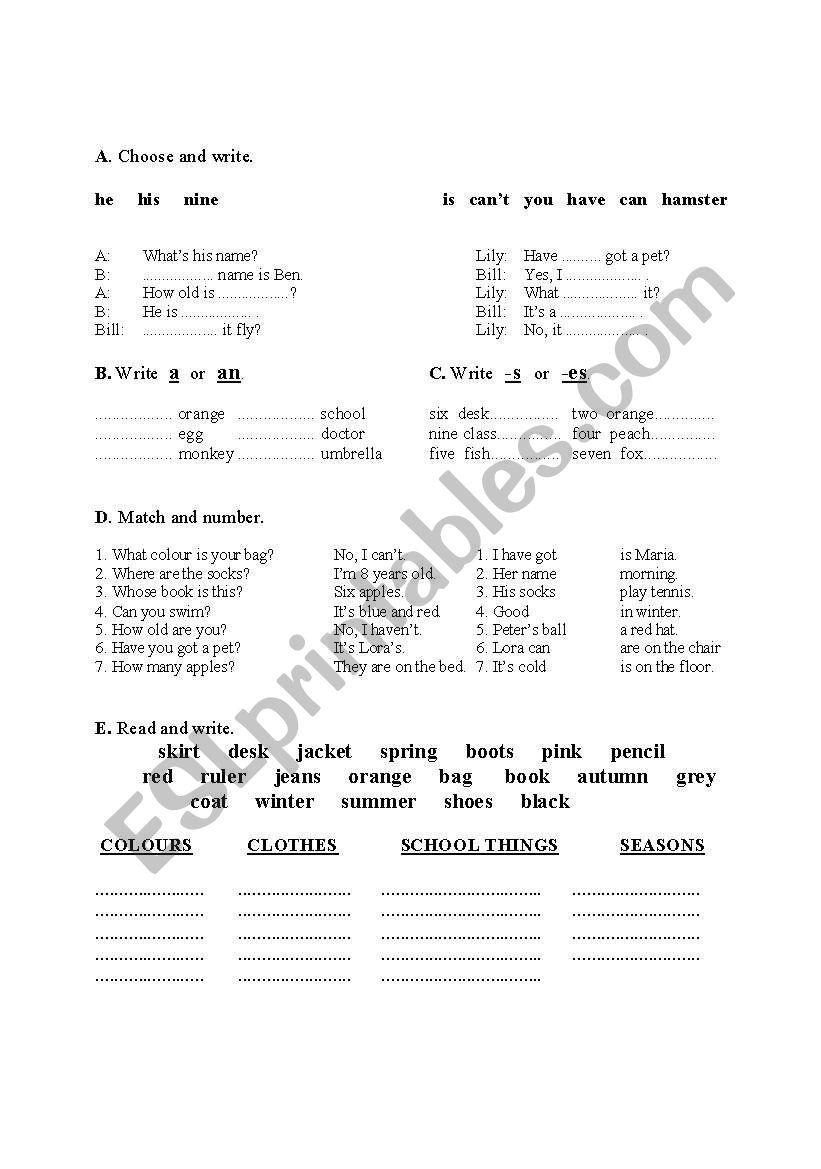 Progress test worksheet