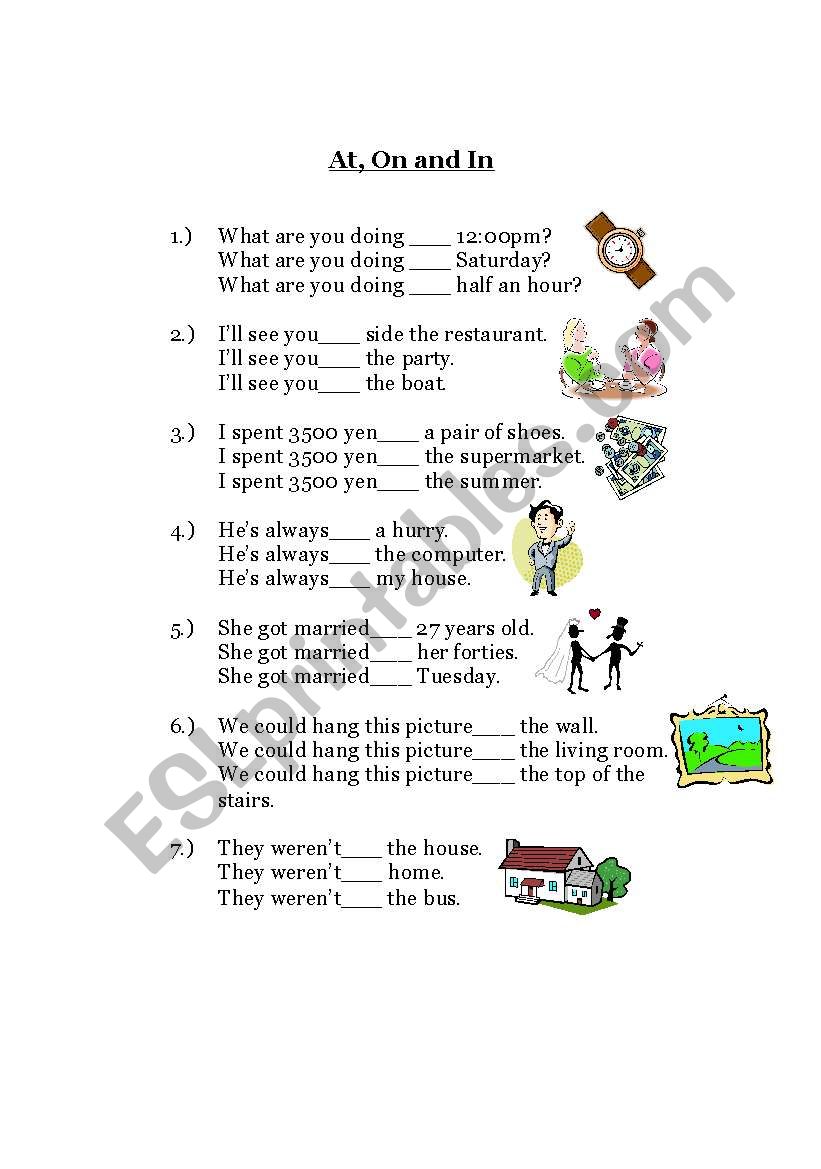 At, On and In Prepositions Worksheet