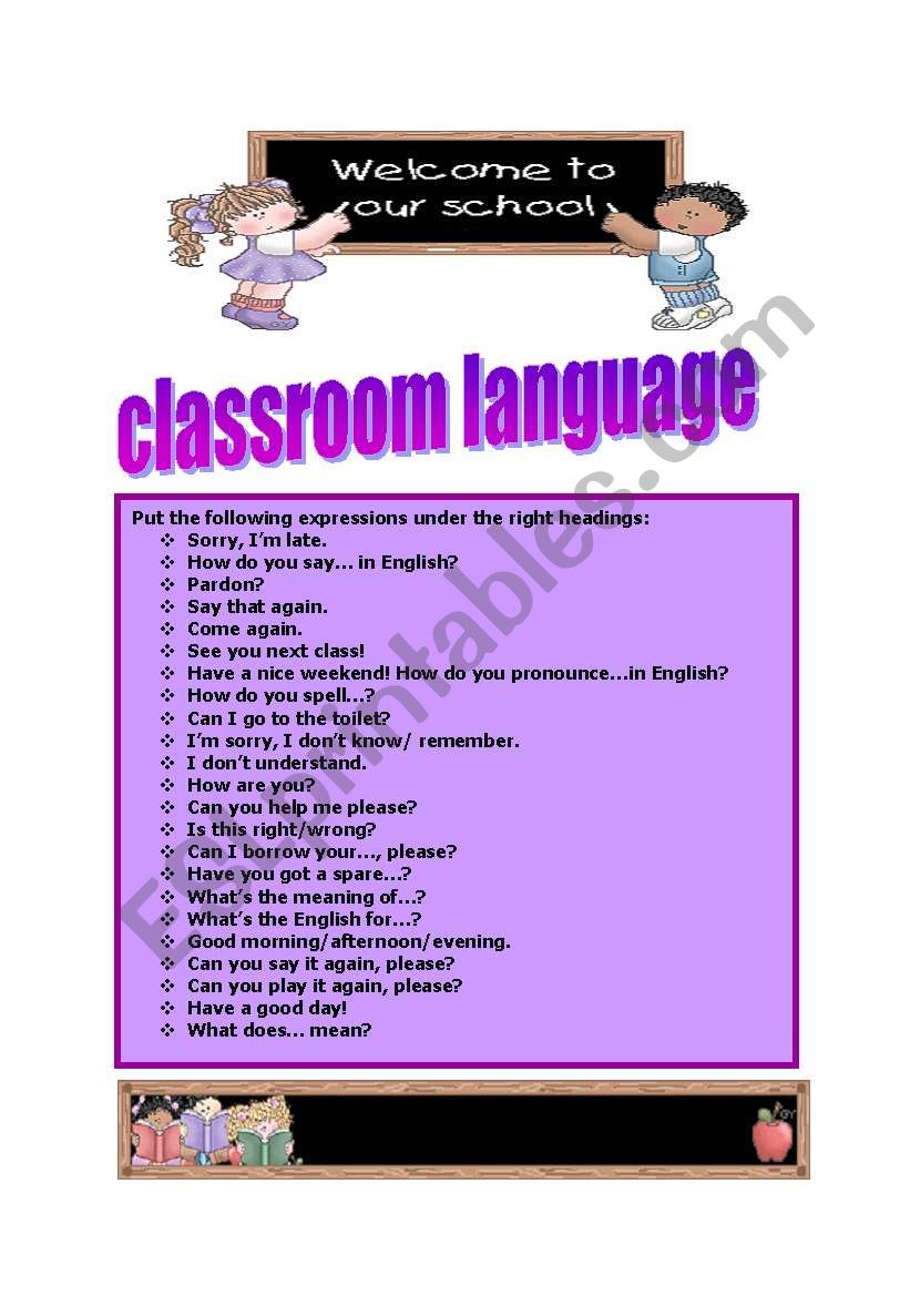 classroom language classification!!! (3 pages with answer key)