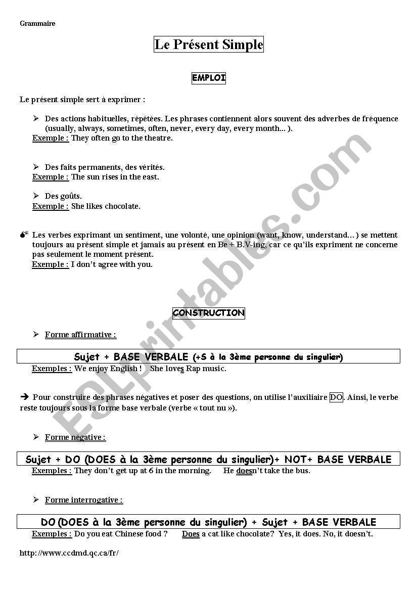 Le prsent simple, cours de grammaire