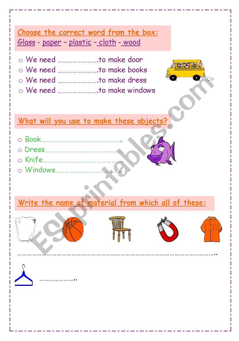 materials worksheet