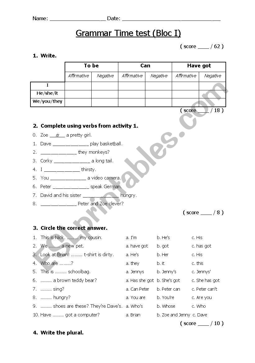 Grammar Test worksheet