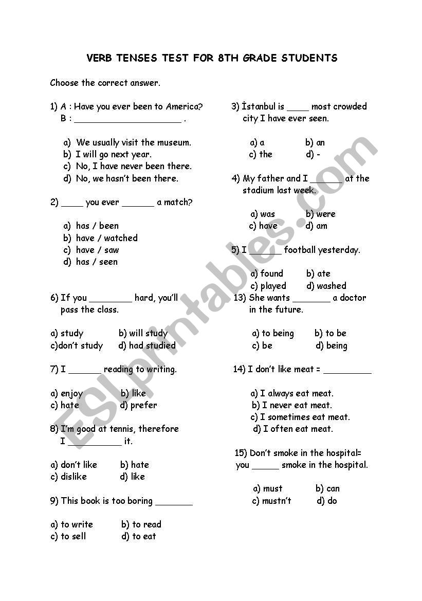 Verb Tenses Test for 8th Grade Students