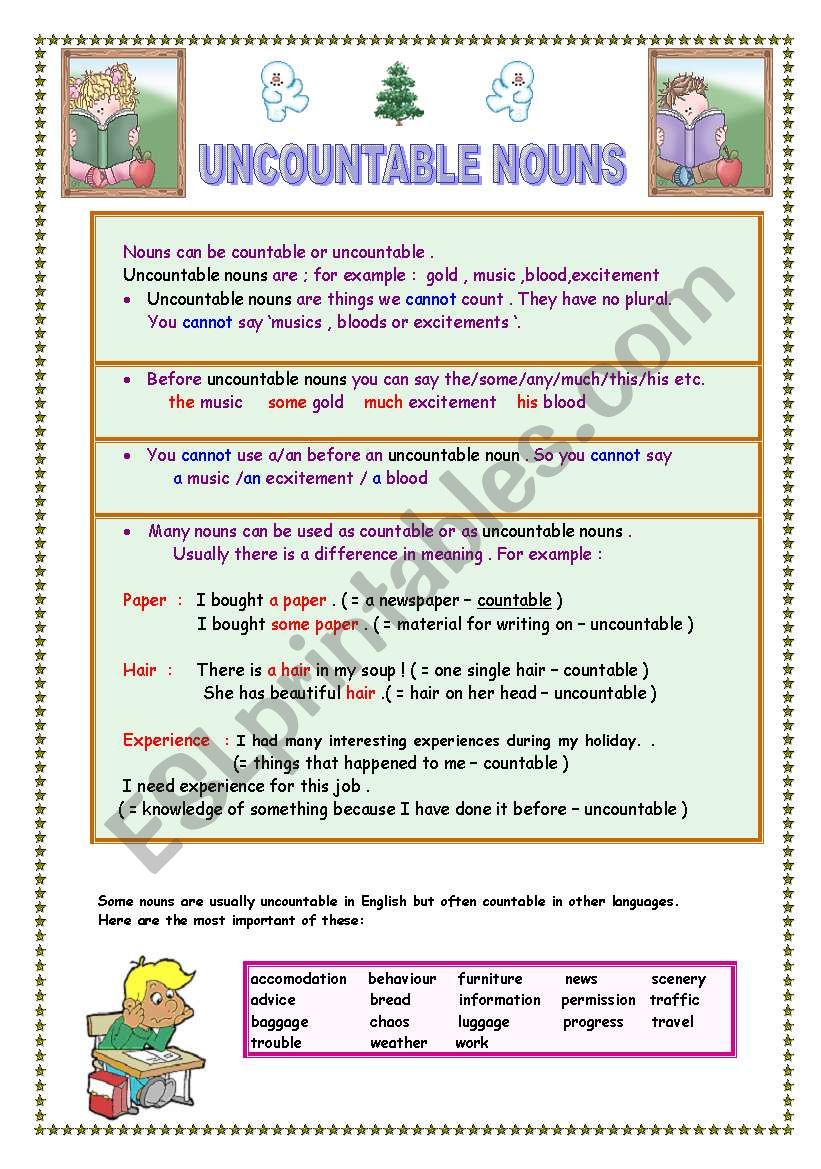 UNCOUNTABLE NOUNS (2 pages with answer key )