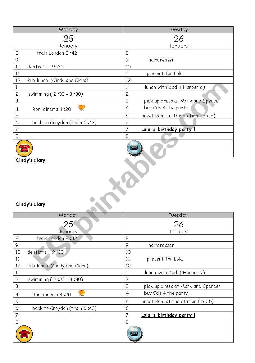 Cindys diary worksheet