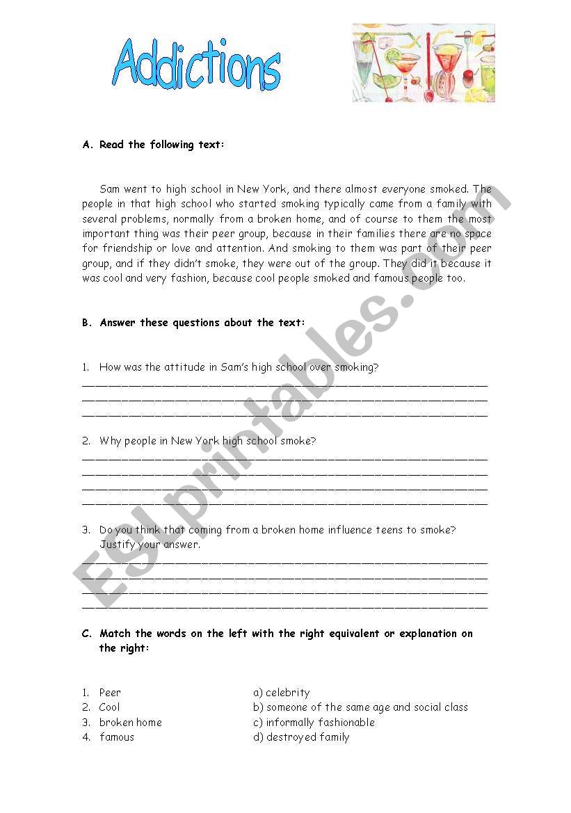 Addictions worksheet