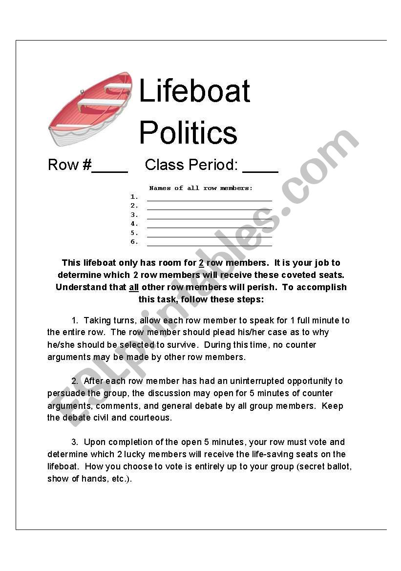 Lifeboat Politics Ethics Activity