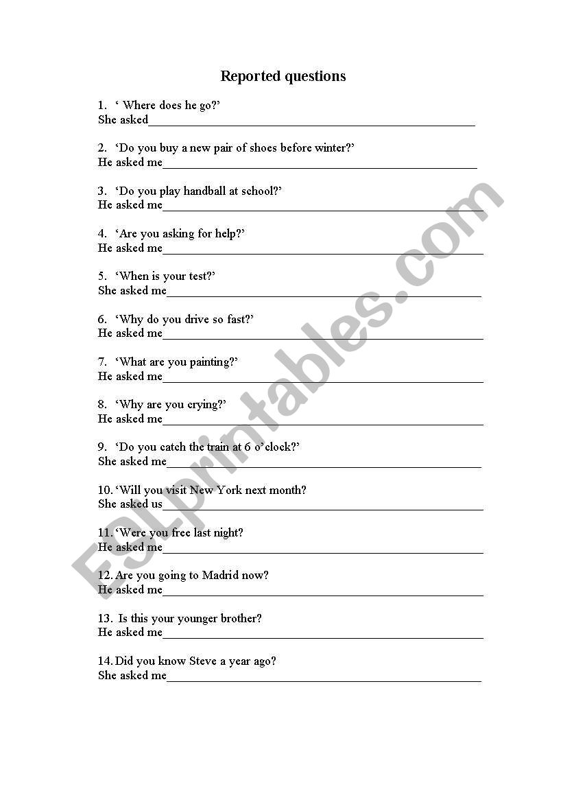Reported questions worksheet