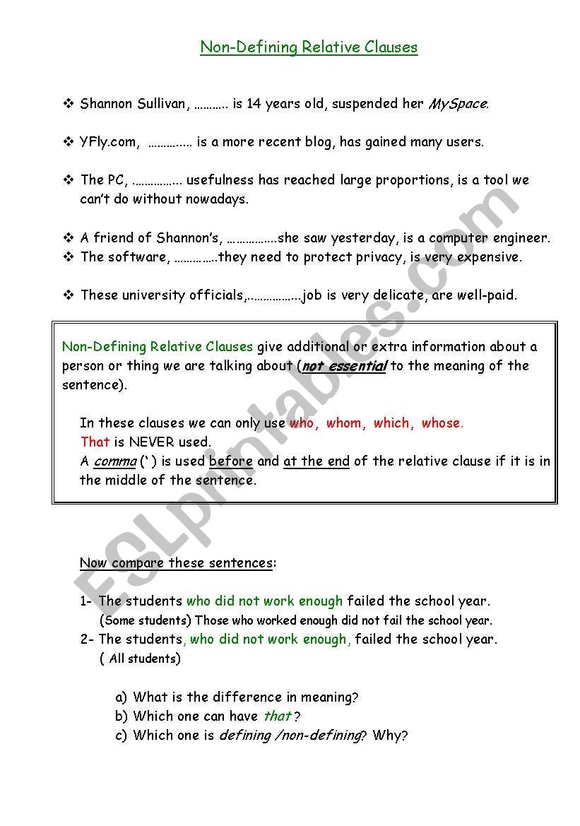 Relative Clauses- Non-Defining