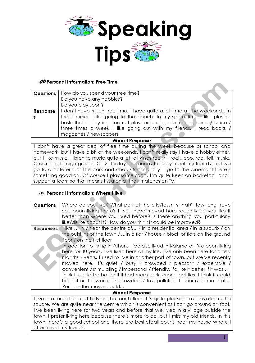 SPEAKING TIPS worksheet