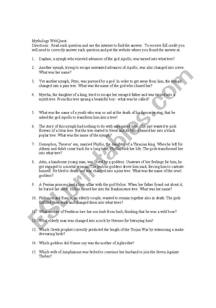 Mythology WebQuest worksheet