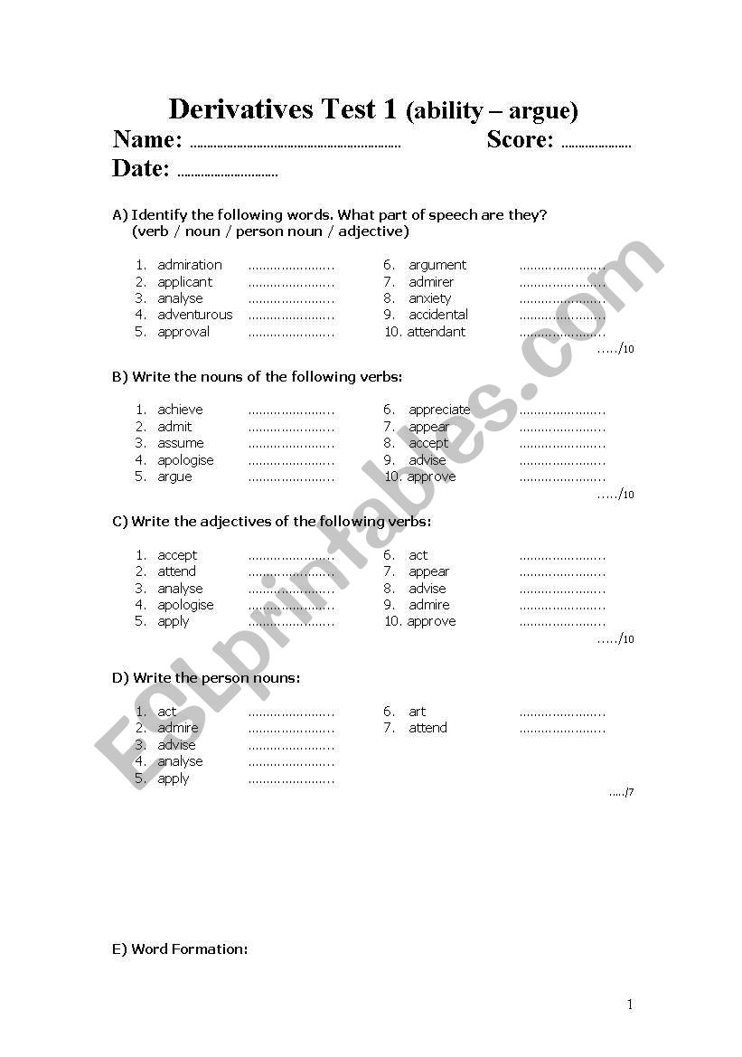 DERIVATIVES 3/4 worksheet