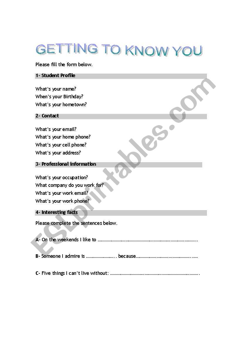 Getting to know you worksheet