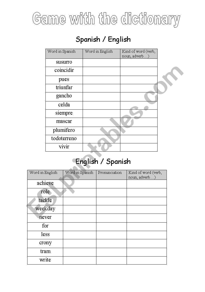 Game with dictionary worksheet