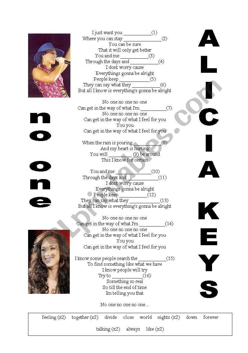 No one (Alicia Keys) worksheet