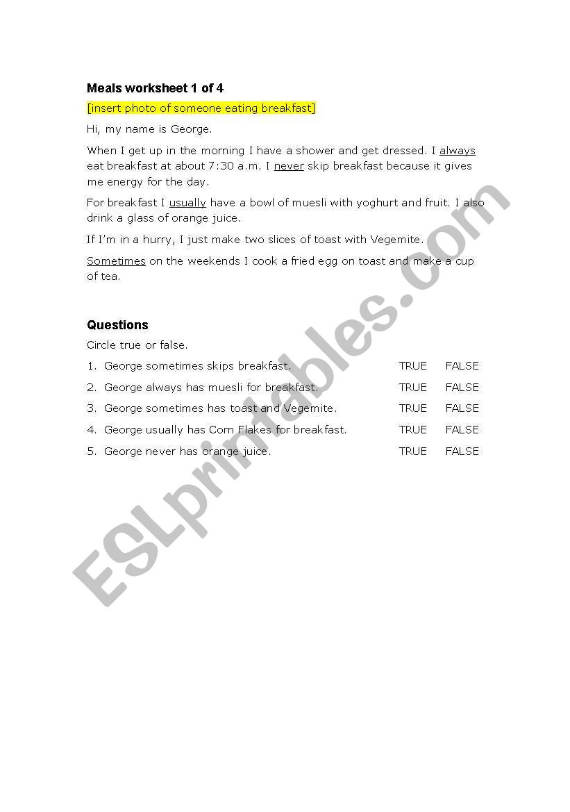 Meal worksheet 1 of 4 worksheet