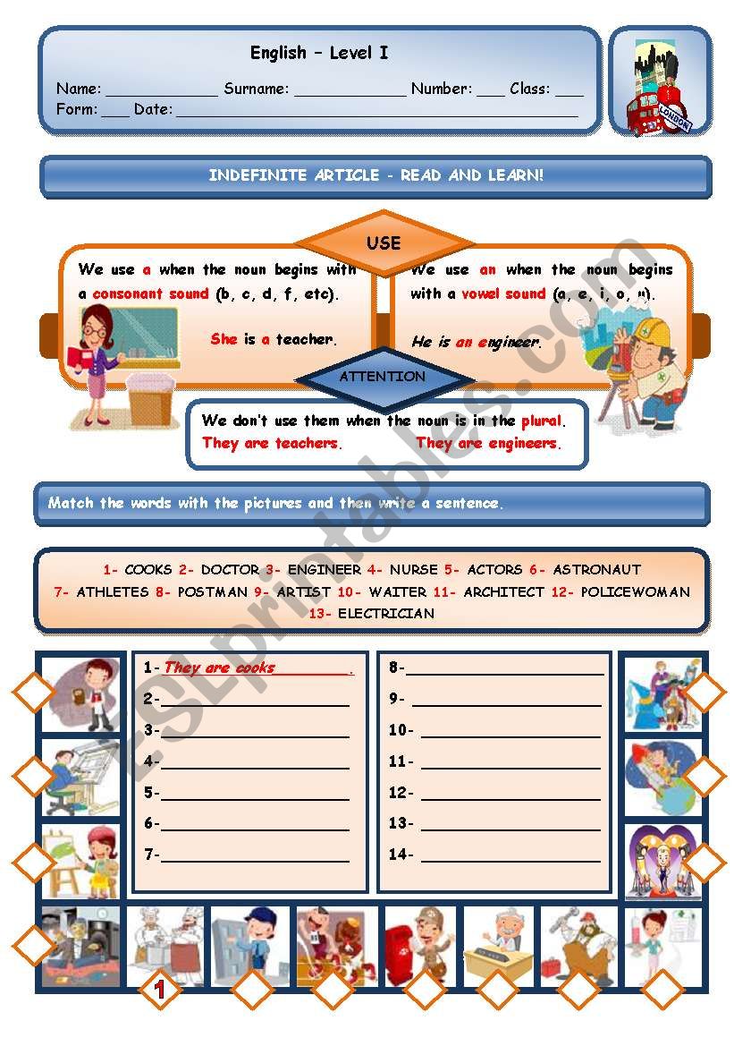 INDEFINITE ARTICLE AND JOBS worksheet