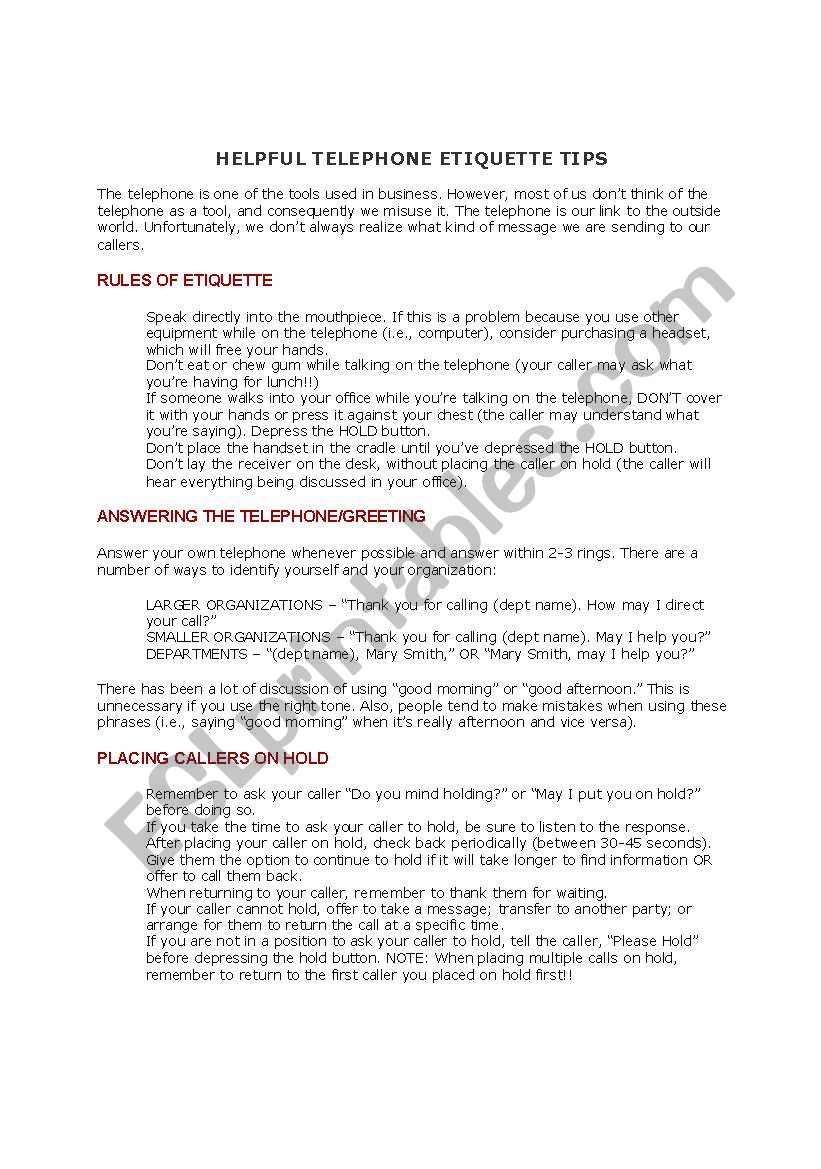 Telephone Etiquette worksheet