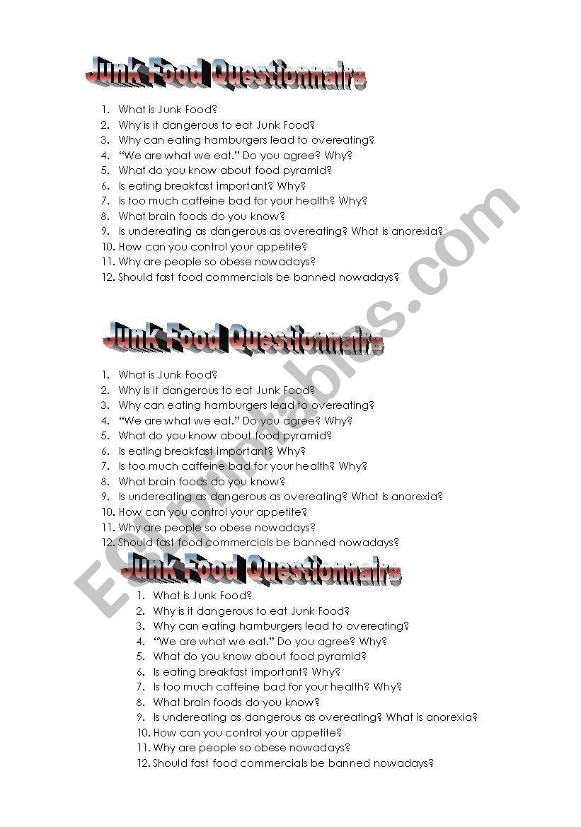 Junk Food Questoinnaire worksheet