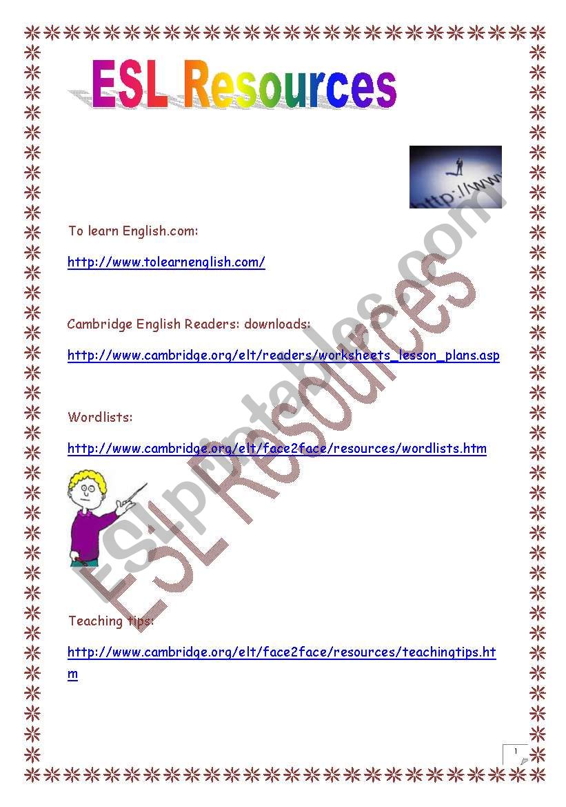 ESL RESOURCES (useful links) worksheet