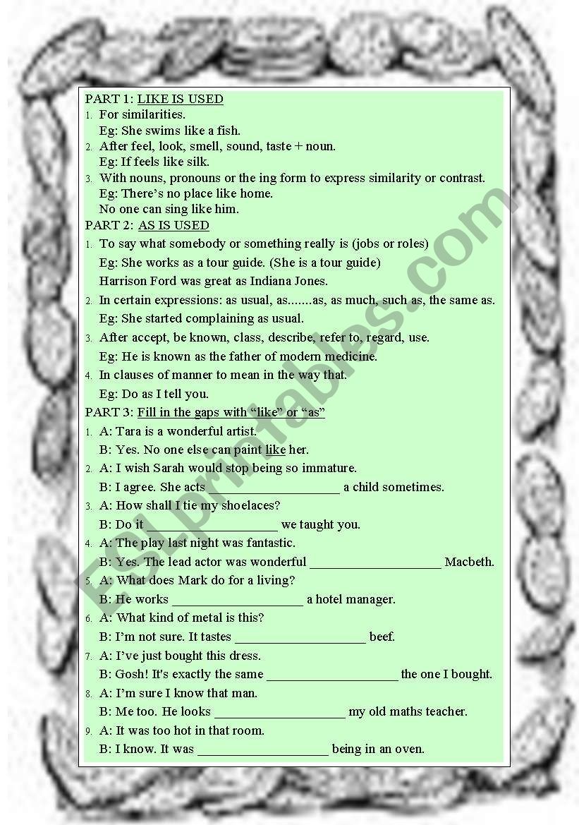 like ---as --conj worksheet