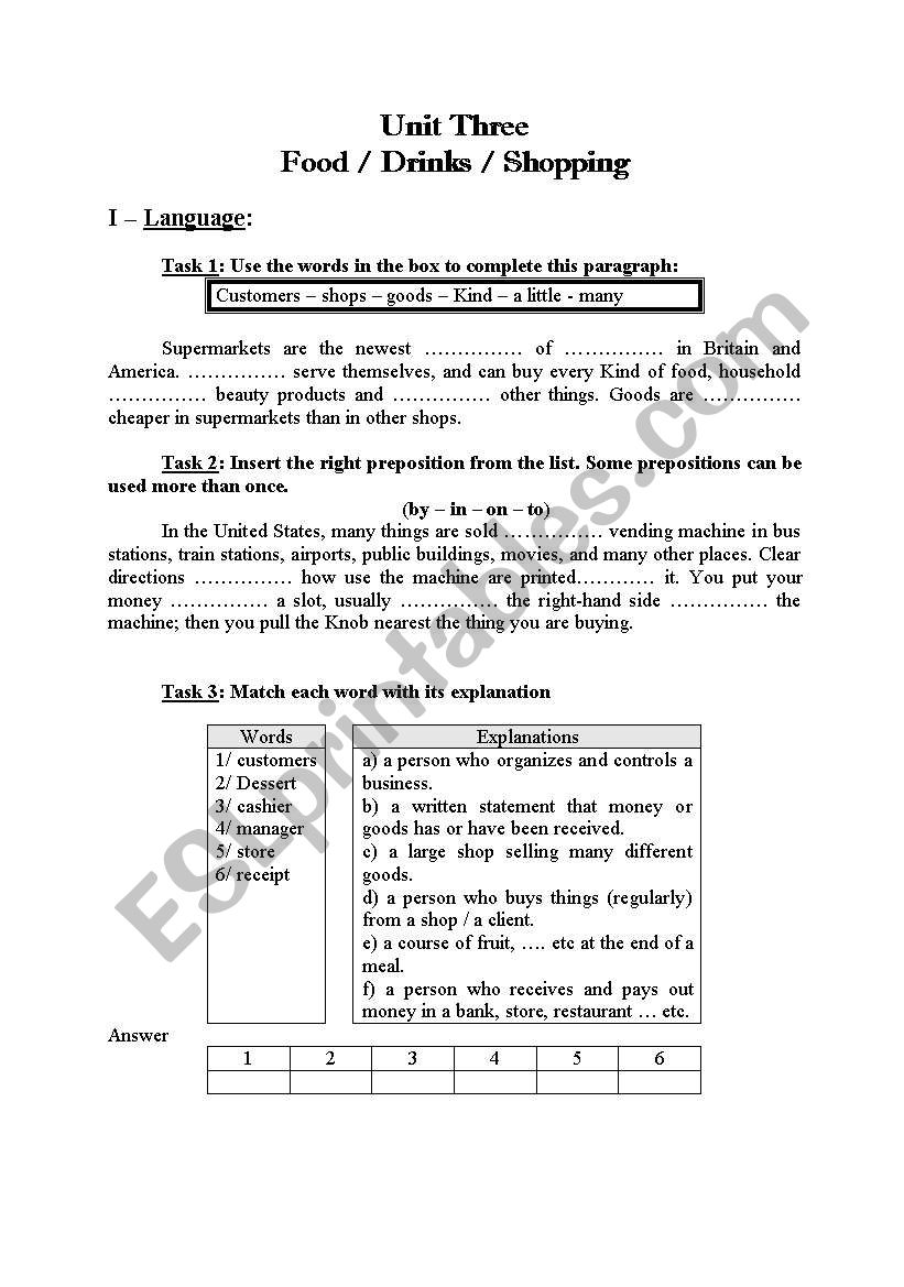 Food -Drinks- Shopping worksheet