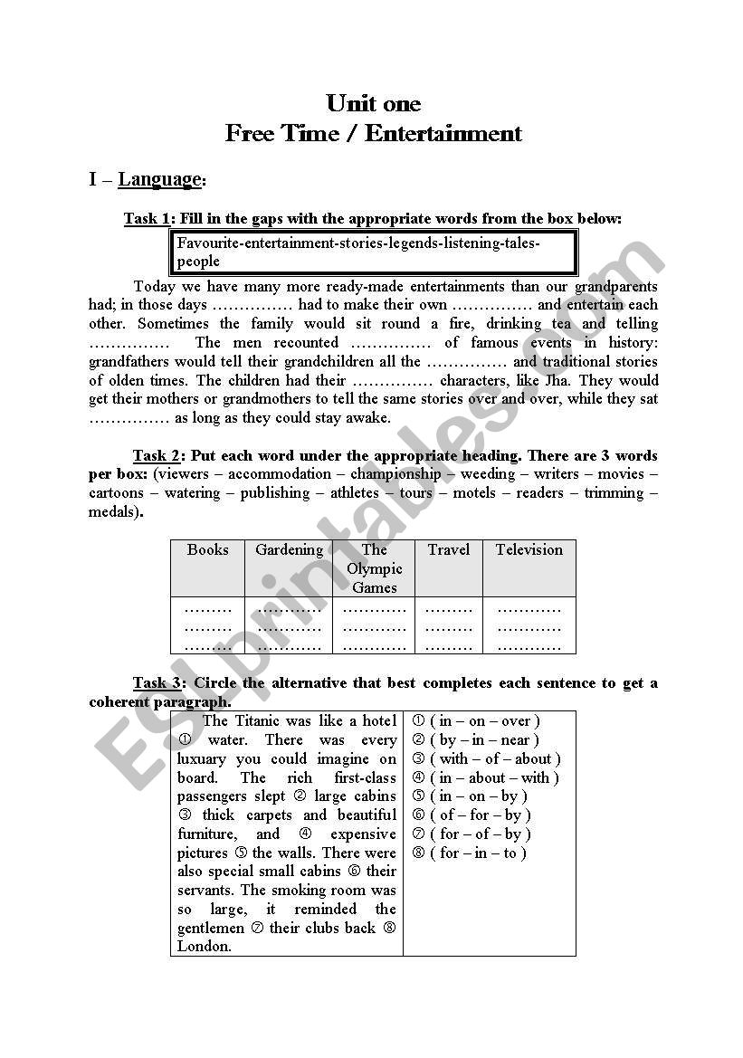 Free Time- Entertainment worksheet