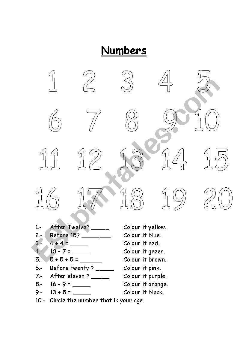 Number 1 to 20 Ws worksheet