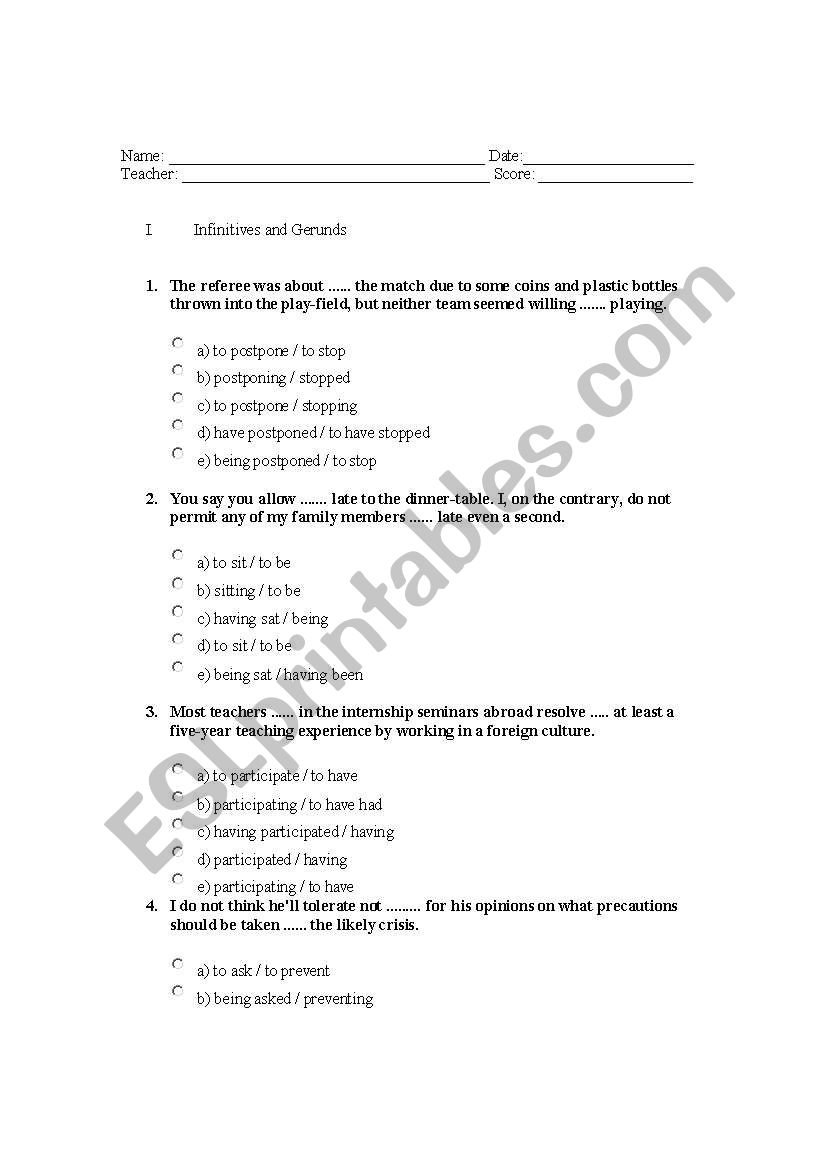 Infinitives and Gerunds worksheet