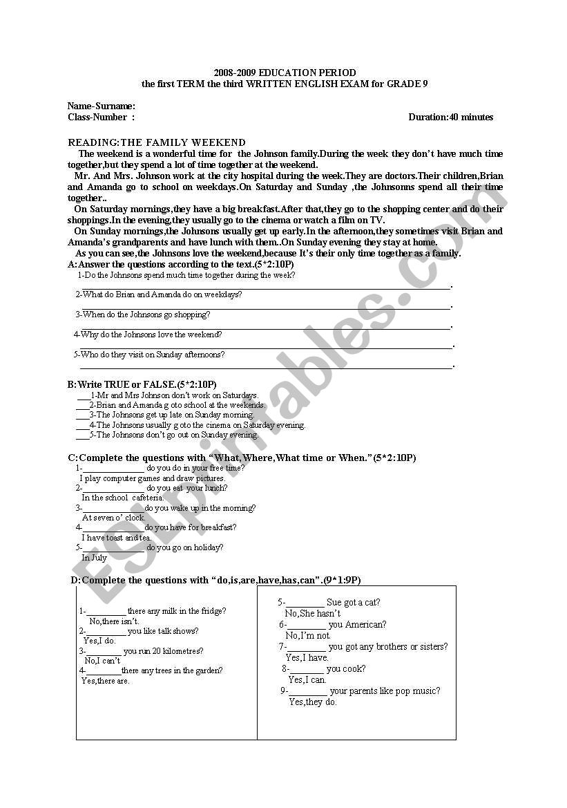 the third written exam for grade 9
