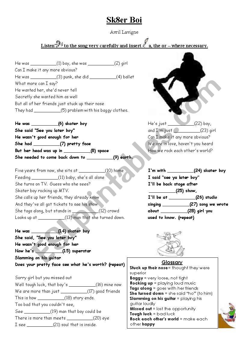 Sk8ter Boi worksheet