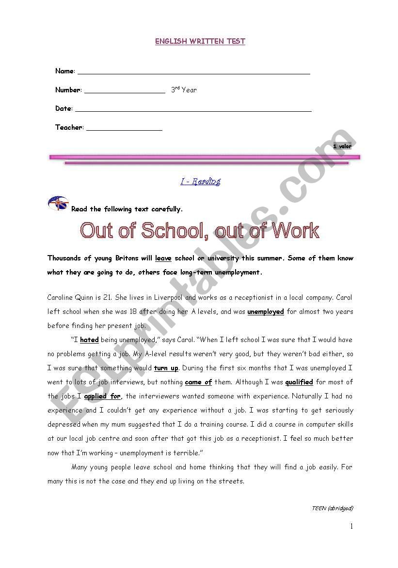 Out of school, out of work worksheet