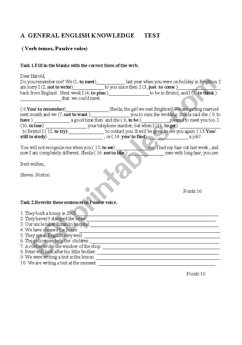 A TEST ON TENSES AND PASSIVE VOICE