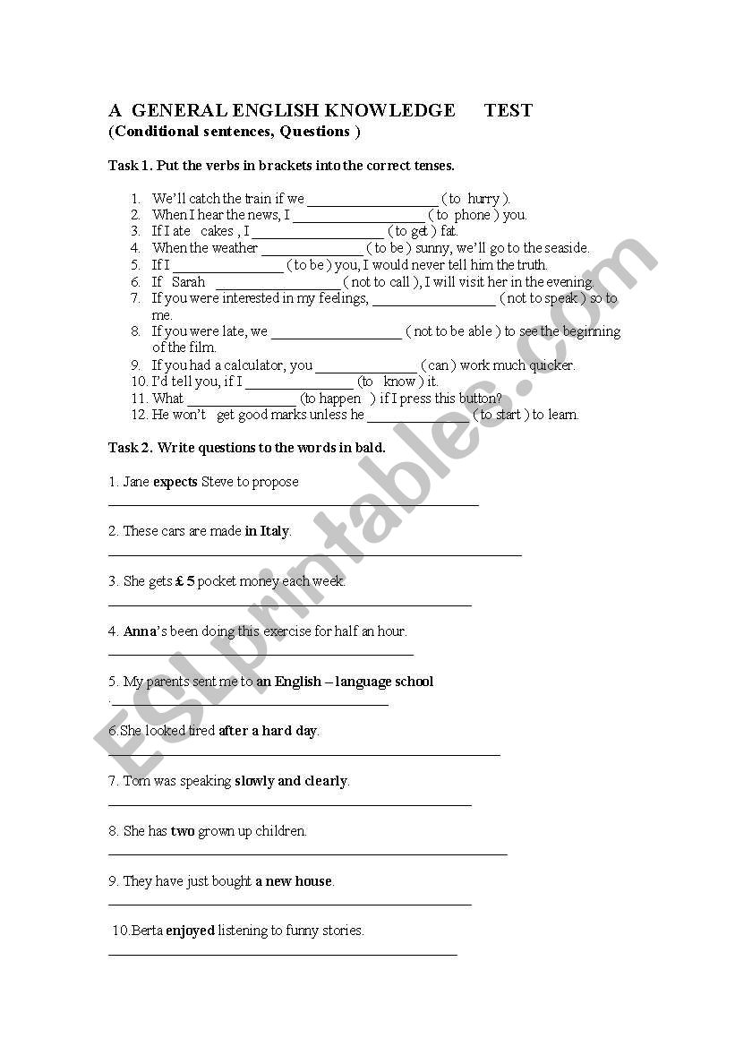 A  TEST ON CONDITIONAL SENTENCES AND MAKING QUESTIONS