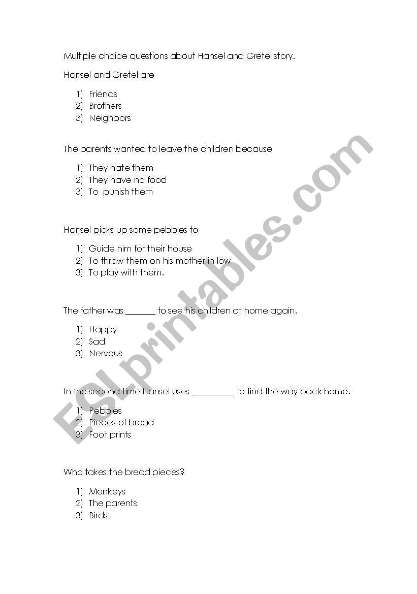 hansel and gretel worksheet