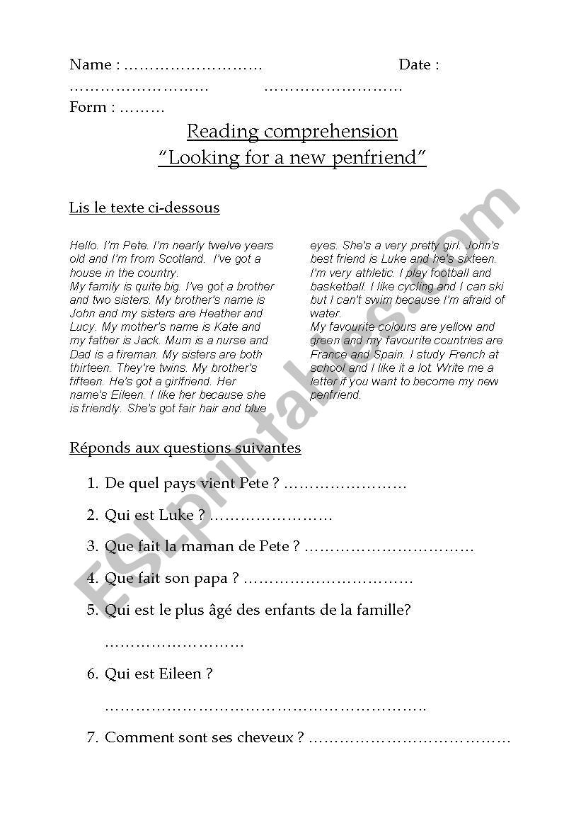 Looking for a new penfriend worksheet
